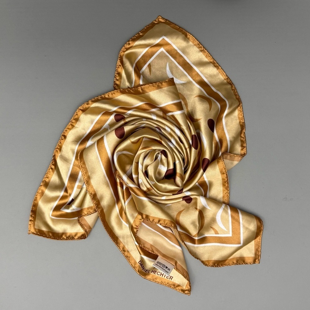 Daniel Hechter Afibel Satin Scarf Gold Brown Geometric Print Square Scarf